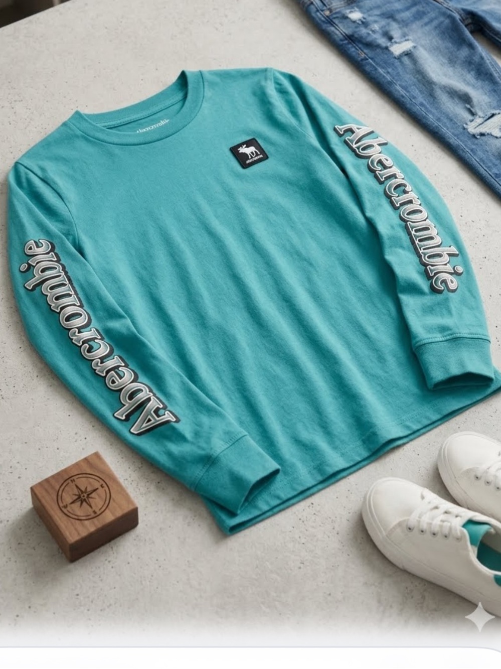 Boy’s Abercrombie & Fitch Teal Long-Sleeve Graphic Tee, 100% Cotton